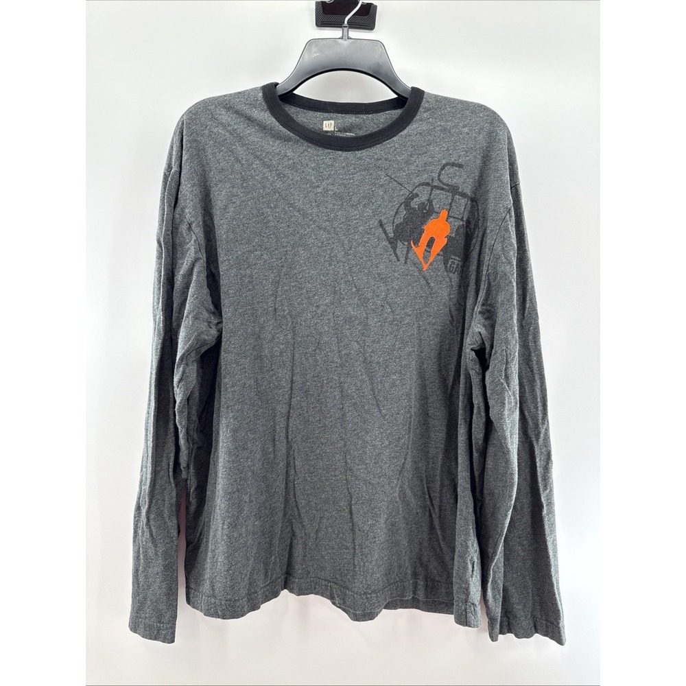 Vintage GAP Chairlift Skiers mens long sleeve shirt LARGE Gray